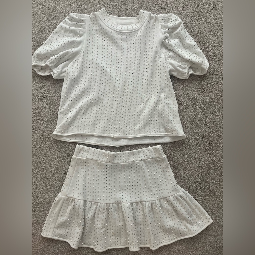 QUEEN OF SPARKLES White Puff Sleeve Blouse and Skirt Set